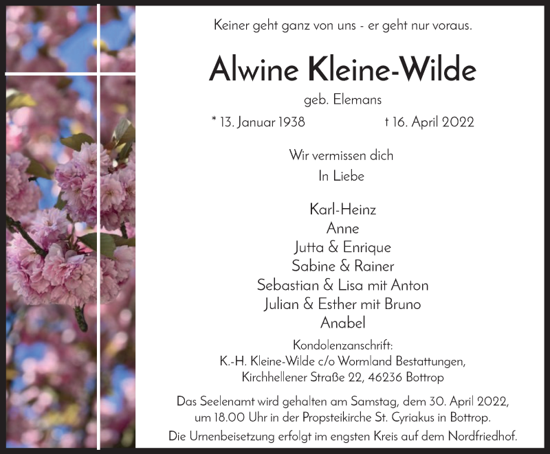  Traueranzeige für Alwine Kleine-Wilde vom 23.04.2022 aus WVW Anzeigenblätter