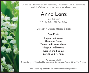 Traueranzeige von Anna Lenz von WVW Anzeigenblätter