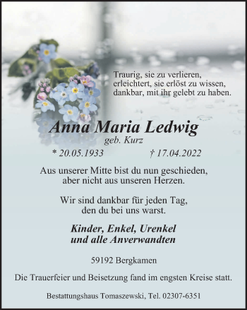Traueranzeige von Anna Maria Ledwig von WVW Anzeigenblätter