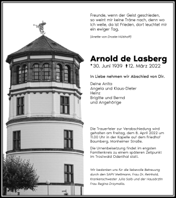 Traueranzeige von Arnold de Lasberg von WVW Anzeigenblätter