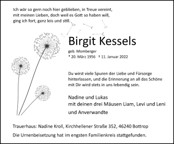 Traueranzeige von Birgit Kessels von WVW Anzeigenblätter