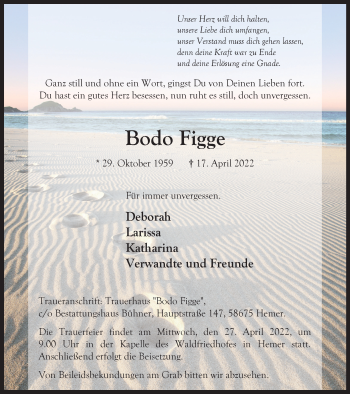 Traueranzeige von Bodo Figge von WVW Anzeigenblätter