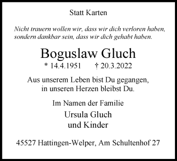 Traueranzeige von Boguslaw Gluch von WVW Anzeigenblätter
