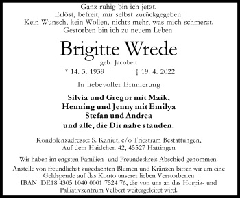 Traueranzeige von Brigitte Wrede von WVW Anzeigenblätter
