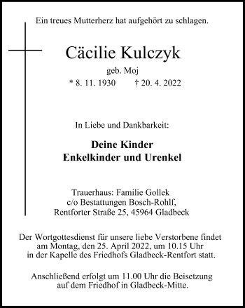 Traueranzeige von Cäcilie Kulczyk von WVW Anzeigenblätter