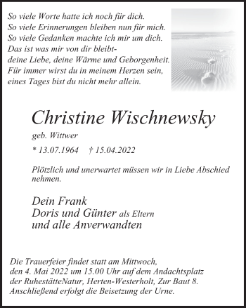 Traueranzeige von Christine Wischnewsky von WVW Anzeigenblätter