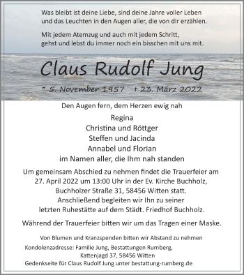 Traueranzeige von Claus Rudolf Jung von WVW Anzeigenblätter