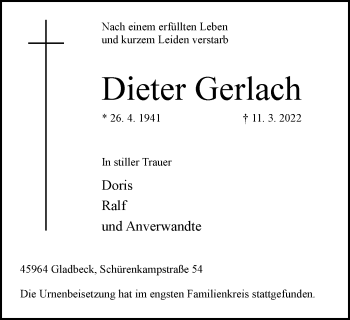 Traueranzeige von Dieter Gerlach von WVW Anzeigenblätter