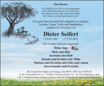 Traueranzeige von Dieter Seifert von WVW Anzeigenblätter