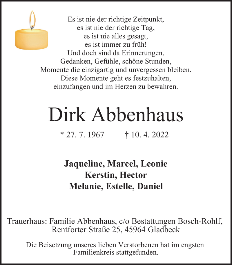  Traueranzeige für Dirk Abbenhaus vom 30.04.2022 aus WVW Anzeigenblätter