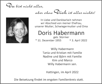 Traueranzeige von Doris Habermann von WVW Anzeigenblätter