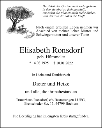 Traueranzeige von Elisabeth Ronsdorf von WVW Anzeigenblätter