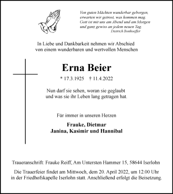 Traueranzeige von Erna Beier von WVW Anzeigenblätter
