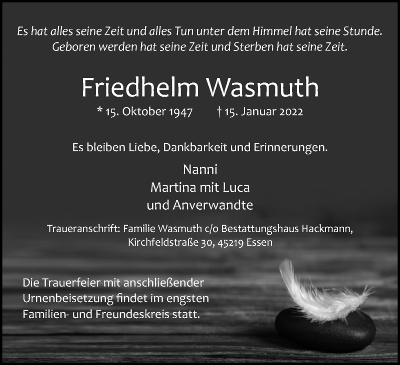 Traueranzeige für Friedhelm Wasmuth vom 22.01.2022 aus WVW Anzeigenblätter