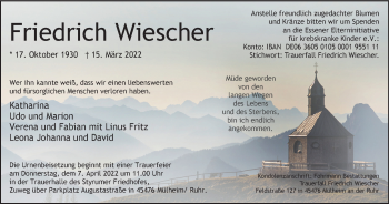 Traueranzeige von Friedrich Wiescher von WVW Anzeigenblätter