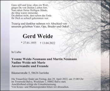 Traueranzeige von Gerd Weide von WVW Anzeigenblätter