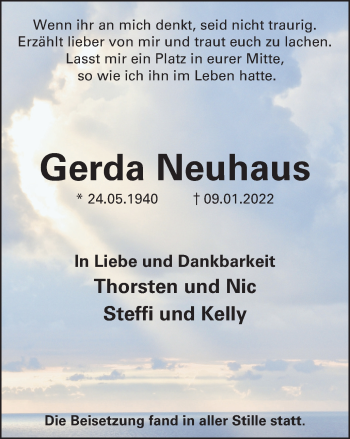 Traueranzeige von Gerda Neuhaus von WVW Anzeigenblätter