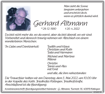 Traueranzeige von Gerhard Altmann von WVW Anzeigenblätter
