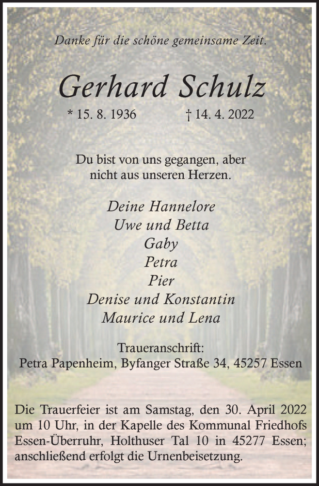  Traueranzeige für Gerhard Schulz vom 23.04.2022 aus WVW Anzeigenblätter