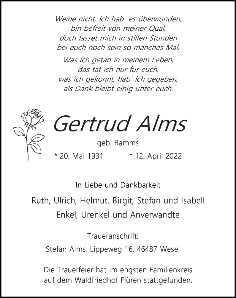  Traueranzeige für Gertrud Alms vom 23.04.2022 aus WVW Anzeigenblätter