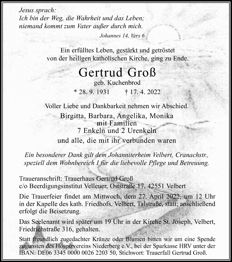  Traueranzeige für Gertrud Groß vom 23.04.2022 aus WVW Anzeigenblätter