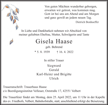 Traueranzeige von Gisela Haase von WVW Anzeigenblätter