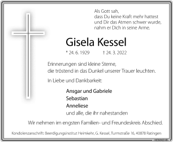 Traueranzeige von Gisela Kessel von WVW Anzeigenblätter