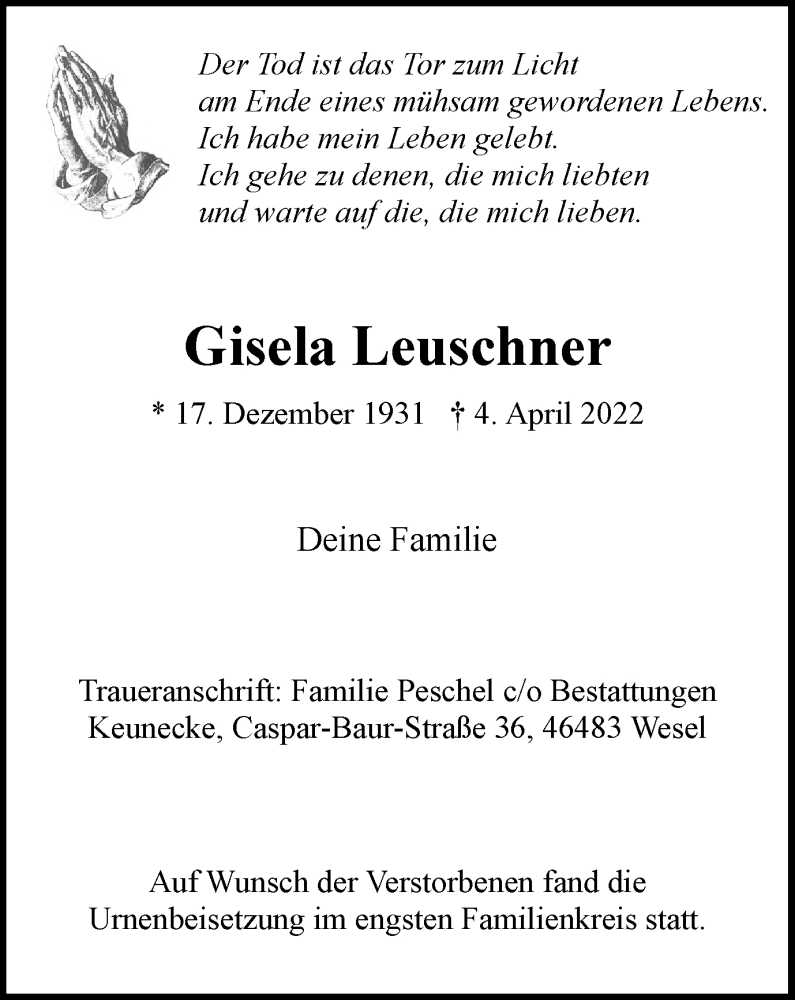  Traueranzeige für Gisela Leuschner vom 23.04.2022 aus WVW Anzeigenblätter