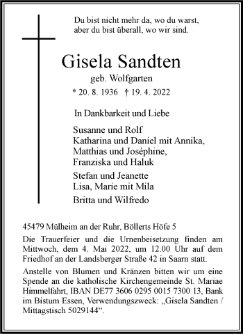 Traueranzeige von Gisela Sandten von WVW Anzeigenblätter