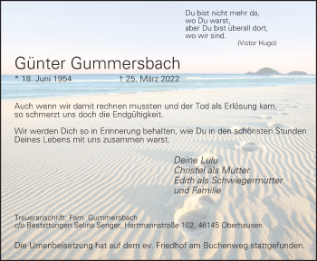 Traueranzeige von Günter Gummersbach von WVW Anzeigenblätter
