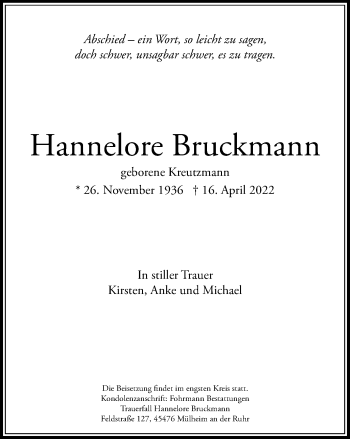 Traueranzeige von Hannelore Bruckmann von WVW Anzeigenblätter