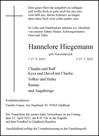 Traueranzeige von Hannelore Hiegemann von WVW Anzeigenblätter