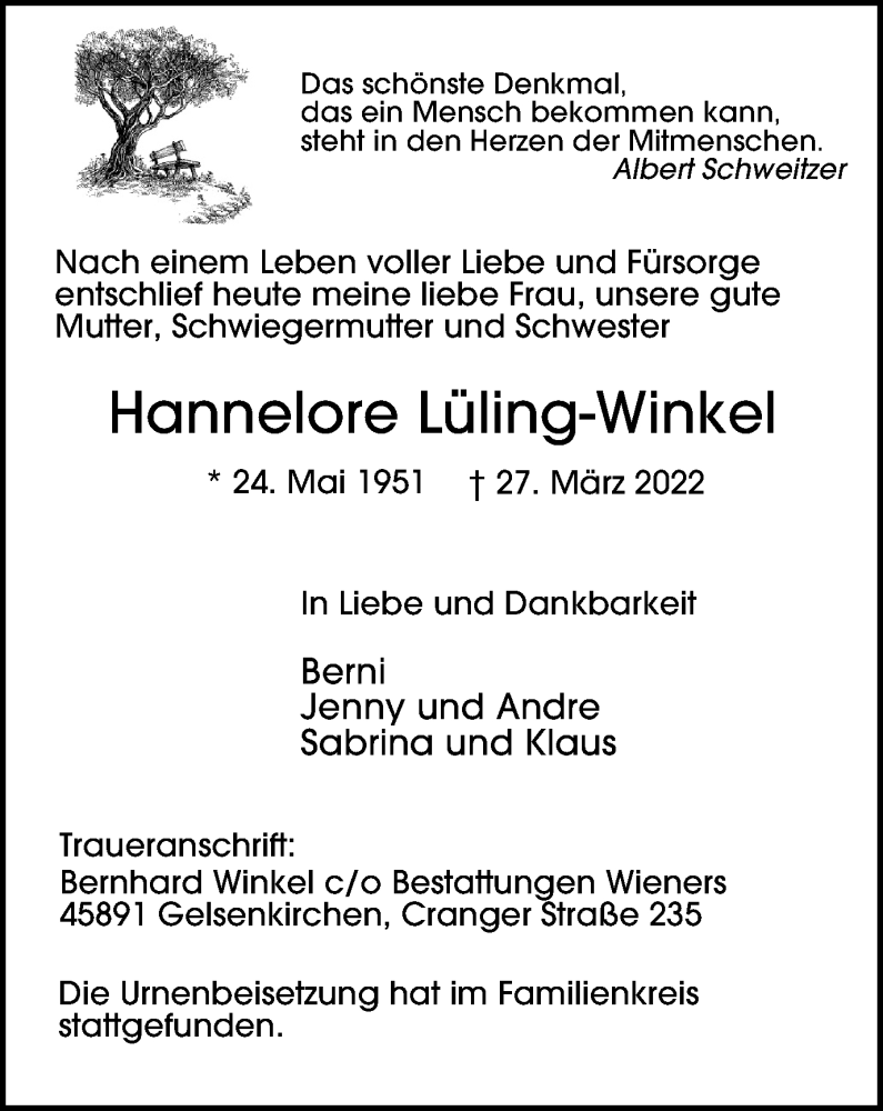  Traueranzeige für Hannelore Lüling-Winkel vom 23.04.2022 aus WVW Anzeigenblätter