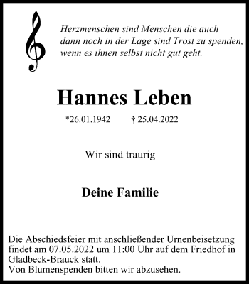Traueranzeige von Hannes Leben von WVW Anzeigenblätter