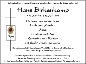 Traueranzeige von Hans Birkenkamp von WVW Anzeigenblätter