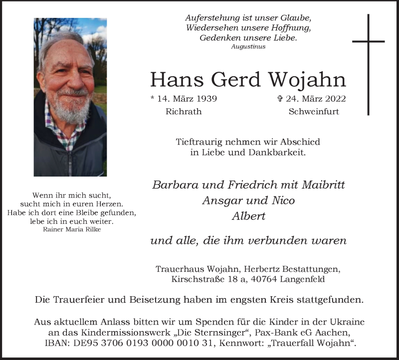  Traueranzeige für Hans Gerd Wojahn vom 09.04.2022 aus WVW Anzeigenblätter