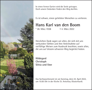 Traueranzeige von Hans Karl van den Boom von WVW Anzeigenblätter