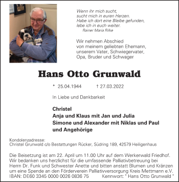 Traueranzeige von Hans Otto Grunwald von WVW Anzeigenblätter