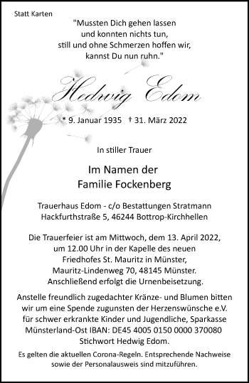 Traueranzeige von Hedwig Edom von WVW Anzeigenblätter
