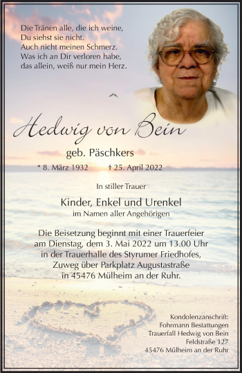 Traueranzeige von Hedwig von Bein von WVW Anzeigenblätter