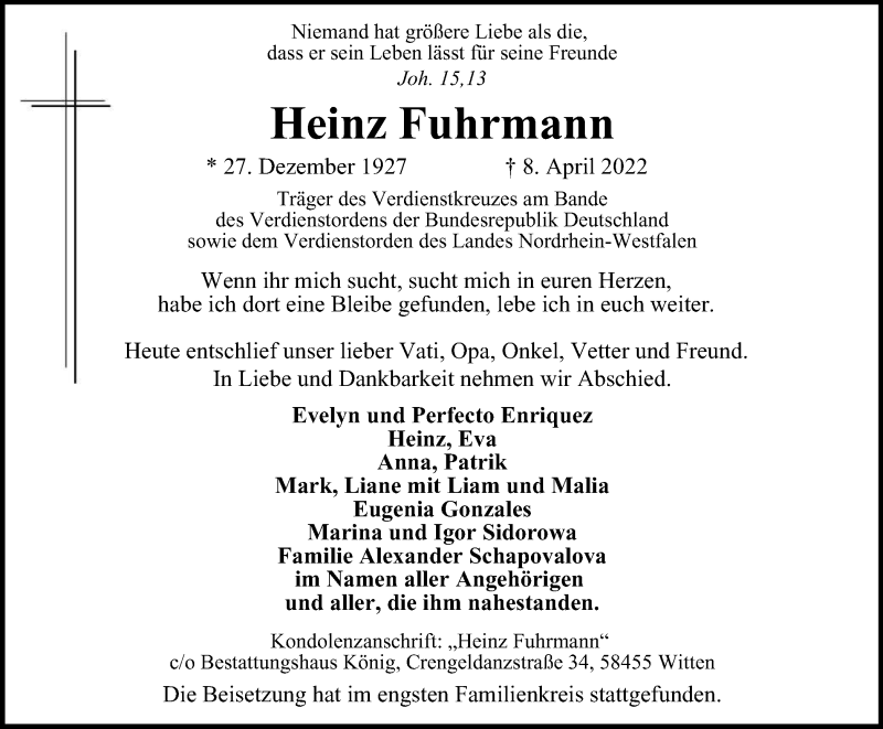  Traueranzeige für Heinz Fuhrmann vom 23.04.2022 aus WVW Anzeigenblätter