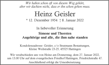 Traueranzeige von Heinz Geisler von WVW Anzeigenblätter