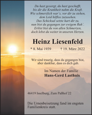 Traueranzeige von Heinz Liesenfeld von WVW Anzeigenblätter