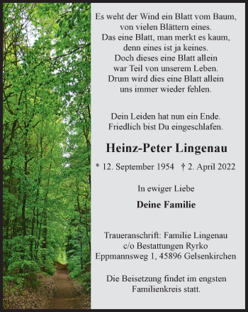 Traueranzeige von Heinz-Peter Lingenau von WVW Anzeigenblätter