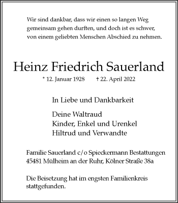 Traueranzeige von Heinz Friedrich Sauerland von WVW Anzeigenblätter