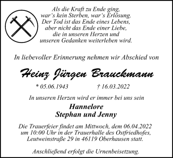 Traueranzeige von Heinz Jürgen Brauckmann von WVW Anzeigenblätter