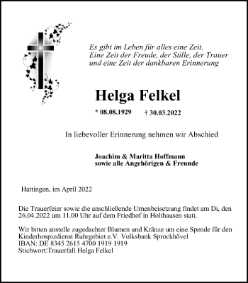Traueranzeige von Helga Felkel von WVW Anzeigenblätter