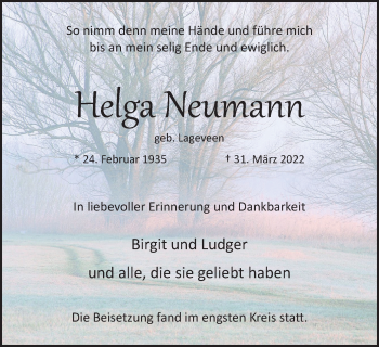 Traueranzeige von Helga Neumann von WVW Anzeigenblätter