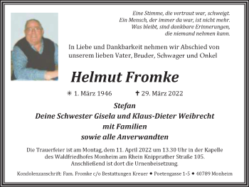 Traueranzeige von Helmut Fromke von WVW Anzeigenblätter