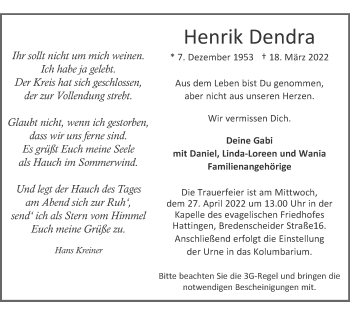 Traueranzeige von Henrik Dendra von WVW Anzeigenblätter